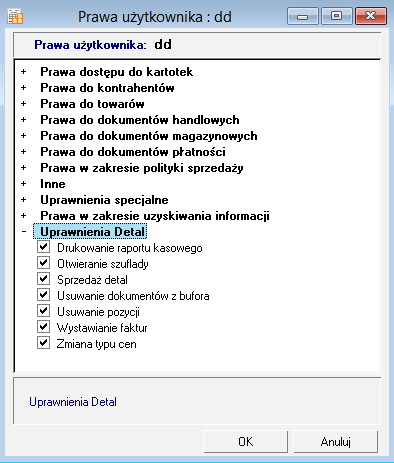 Uprawnienia użytkownika detalu W uprawnieniach użytkowników została dodana nowa grupa praw - Uprawnienia Detal. Uprawnienia użytkownika grupa Uprawnienia Detal.