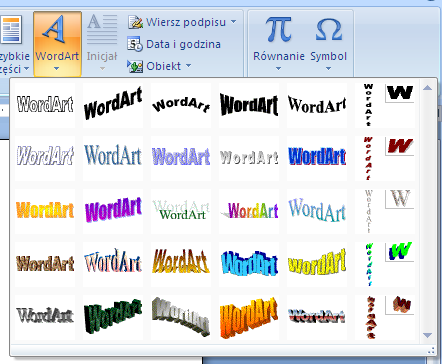 WordArt Obiekty WordArt to galeria gotowych stylów służących do tworzenia napisów ozdobnych.