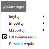 P uaktywnieniu mdułu reguł, na ekranie prezentwana jest pełna lista wszystkich aktywnych zbirów reguł, z uszczegółwieniem infrmacji d: rdzaju taksnmii, kresu bwiązywania: bwiązuje d w plu tym zawsze
