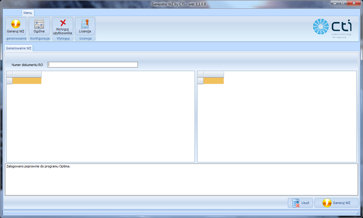 4. Okno główne programu Okno główne programu podzielone jest na cztery zakładki: Generuj WZ główna zakładka programu służąca do