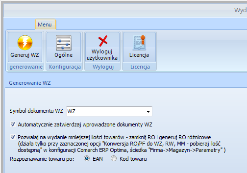 5. Konfiguracja programu W pierwszej kolejności należy przejść na zakładkę Ogólne w celu dokonania konfiguracji programu: W konfiguracji programu dostępne są następujące funkcje: Symbol dokumentu WZ