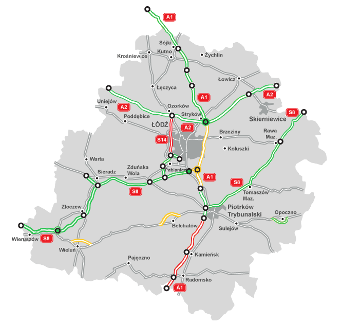 ROZWÓJ INFRASTRUKTURY DROGOWEJ Trasy szybkiego ruchu: S8, Wrocław Łódź Białystok: oddana do użytku listopad 2014, S14, Zachodnia Obwodnica Łodzi (połączenie