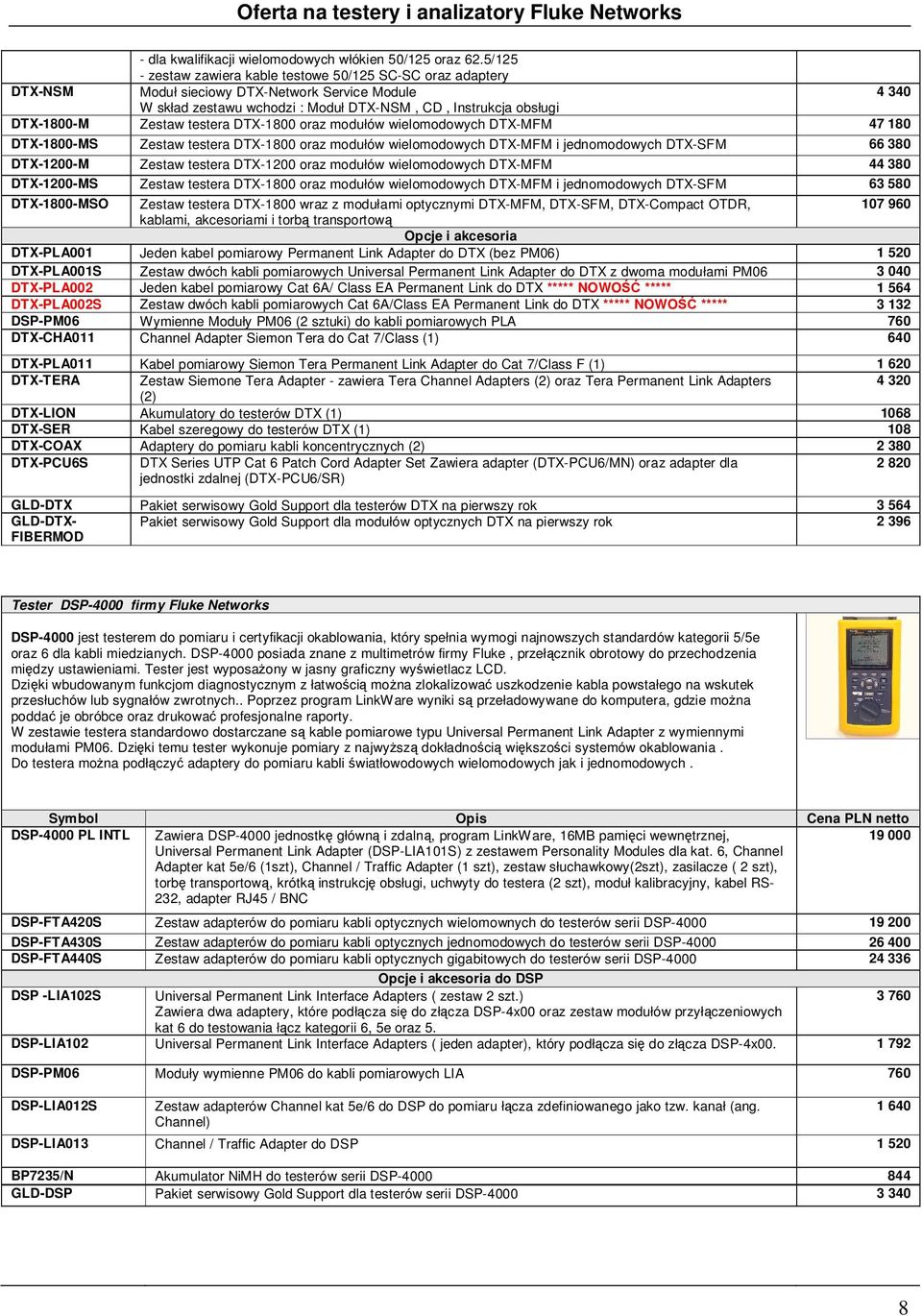 Zestaw testera DTX-1800 oraz modułów wielomodowych DTX-MFM 47 180 DTX-1800-MS Zestaw testera DTX-1800 oraz modułów wielomodowych DTX-MFM i jednomodowych DTX-SFM 66 380 DTX-1200-M Zestaw testera