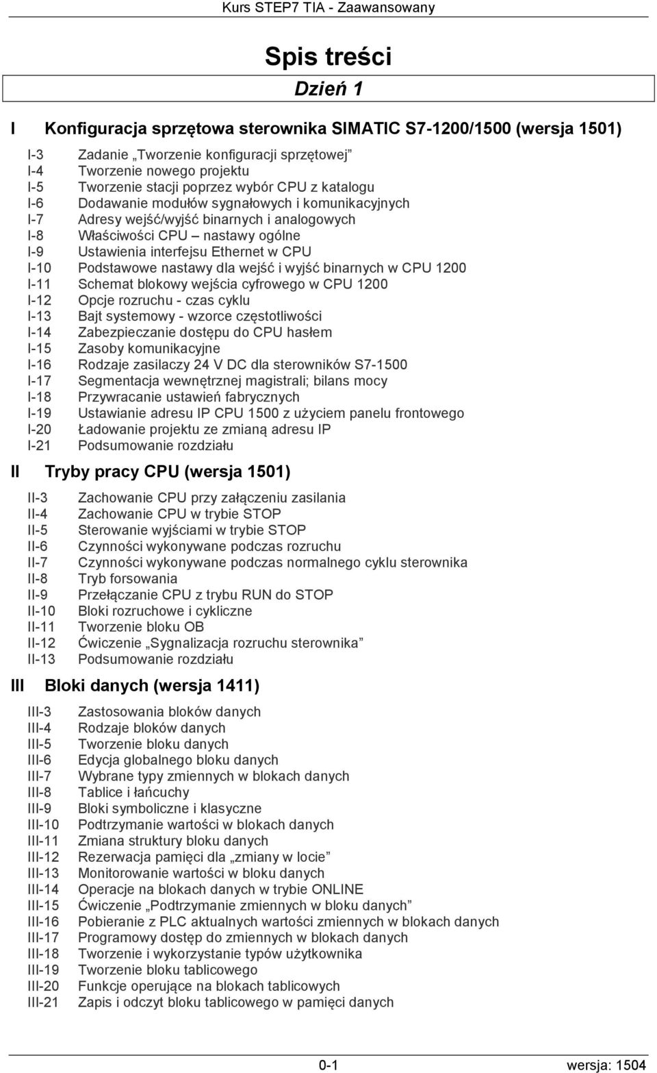 I-10 Podstawowe nastawy dla wejść i wyjść binarnych w CPU 1200 I-11 Schemat blokowy wejścia cyfrowego w CPU 1200 I-12 Opcje rozruchu - czas cyklu I-13 Bajt systemowy - wzorce częstotliwości I-14