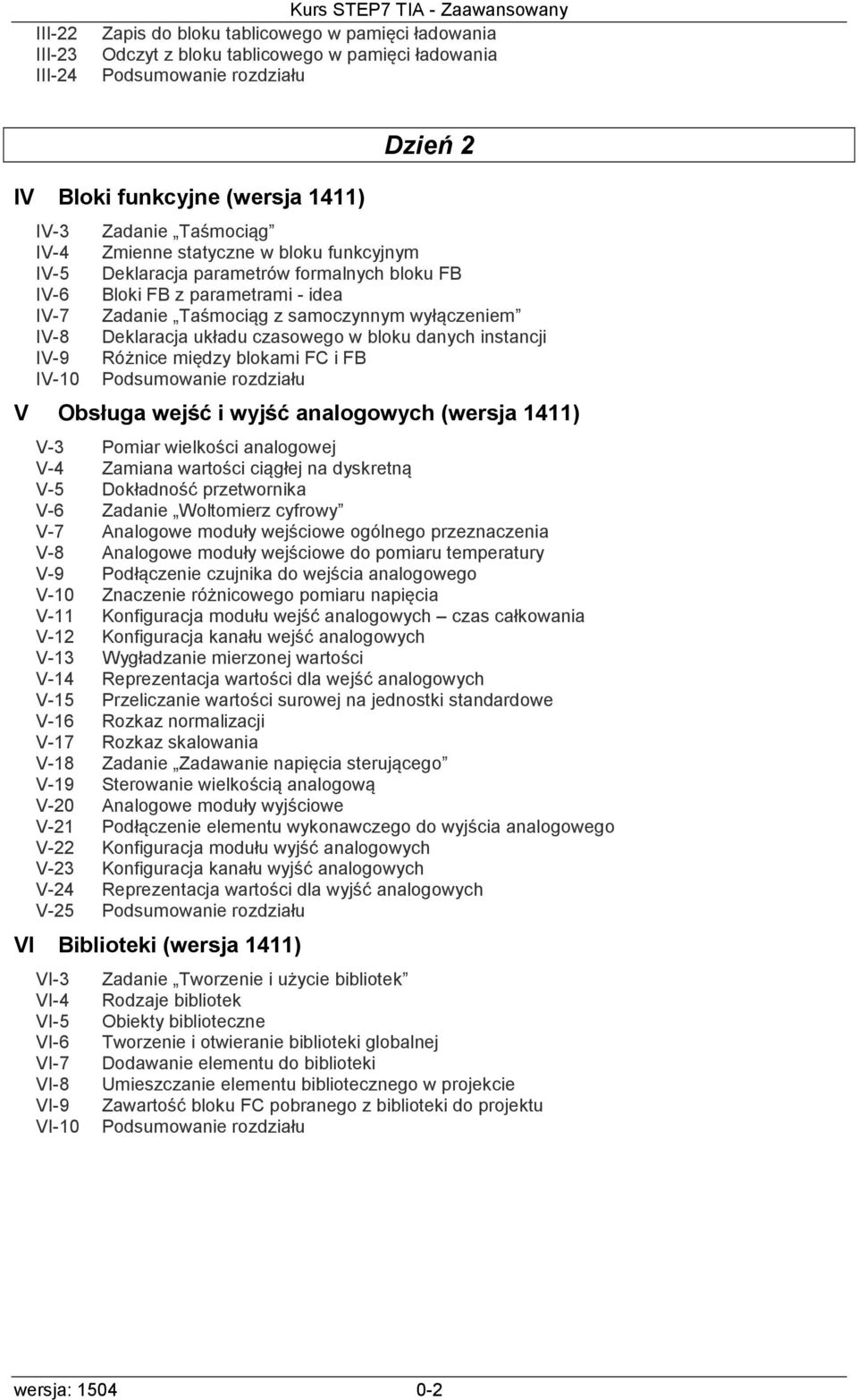 Deklaracja układu czasowego w bloku danych instancji Różnice między blokami FC i FB V Obsługa wejść i wyjść analogowych (wersja 1411) V-3 Pomiar wielkości analogowej V-4 Zamiana wartości ciągłej na