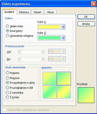 MoŜemy takŝe skorzystać z opcji Efekty wypełnienia znajdującej się na liście wyboru poniŝej pola Wypełnienie
