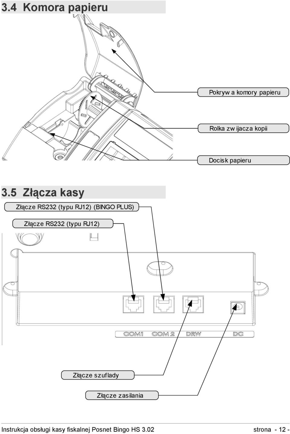 5 Złącza kasy Złącze RS232 (typu RJ12) (BINGO PLUS) Złącze RS232