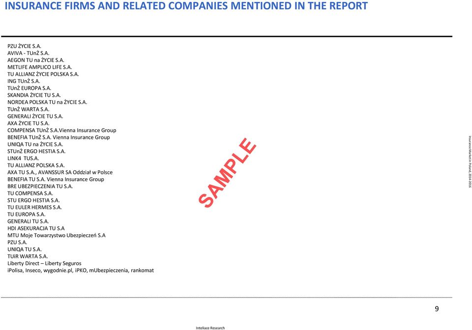 A. STUnŻ ERGO HESTIA S.A. LINK4 TUS.A. TU ALLIANZ POLSKA S.A. AXA TU S.A., AVANSSUR SA Oddział w Polsce BENEFIA TU S.A. Vienna Insurance Group BRE UBEZPIECZENIA TU S.A. TU COMPENSA S.A. STU ERGO HESTIA S.