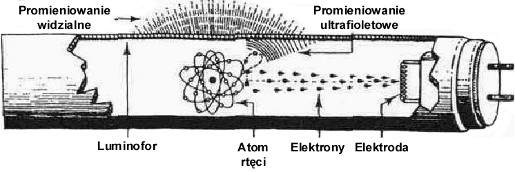 Świetlówka występuje najczęściej w postaci szklanej rury z zatopionymi na obu jej końcach elektrodami.
