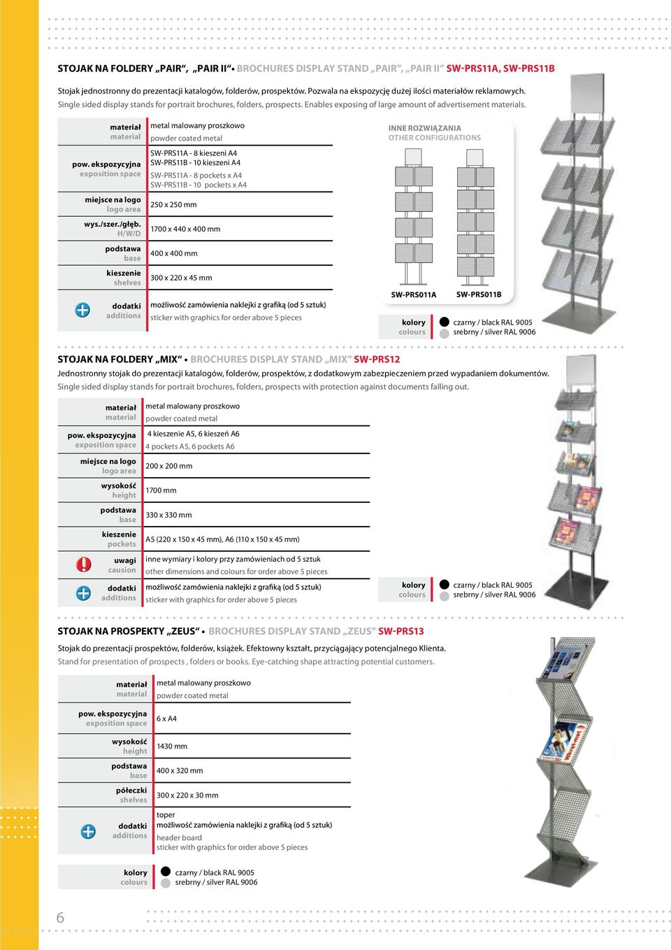 kieszenie shelves SW-PRS11A - 8 kieszeni A4 SW-PRS11B - 10 kieszeni A4 SW-PRS11A - 8 pockets x A4 SW-PRS11B - 10 pockets x A4 250 x 250 mm 1700 x 440 x 400 mm 400 x 400 mm 300 x 220 x 45 mm INNE