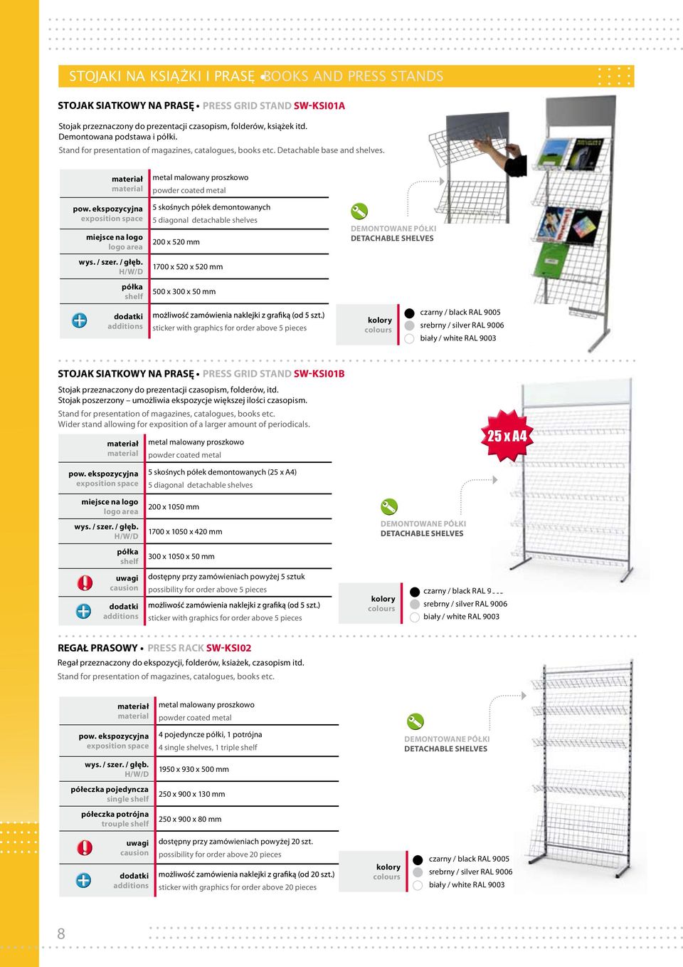 półka shelf 5 skośnych półek demontowanych 5 diagonal detachable shelves 200 x 520 mm 1700 x 520 x 520 mm 500 x 300 x 50 mm DEMONTOWANE PÓŁKI DETACHABLE SHELVES biały / white RAL 9003 STOJAK SIATKOWY
