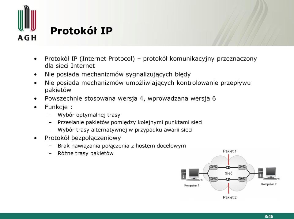 wprowadzana wersja 6 Funkcje : Wybór optymalnej trasy Przesłanie pakietów pomiędzy kolejnymi punktami sieci Wybór trasy