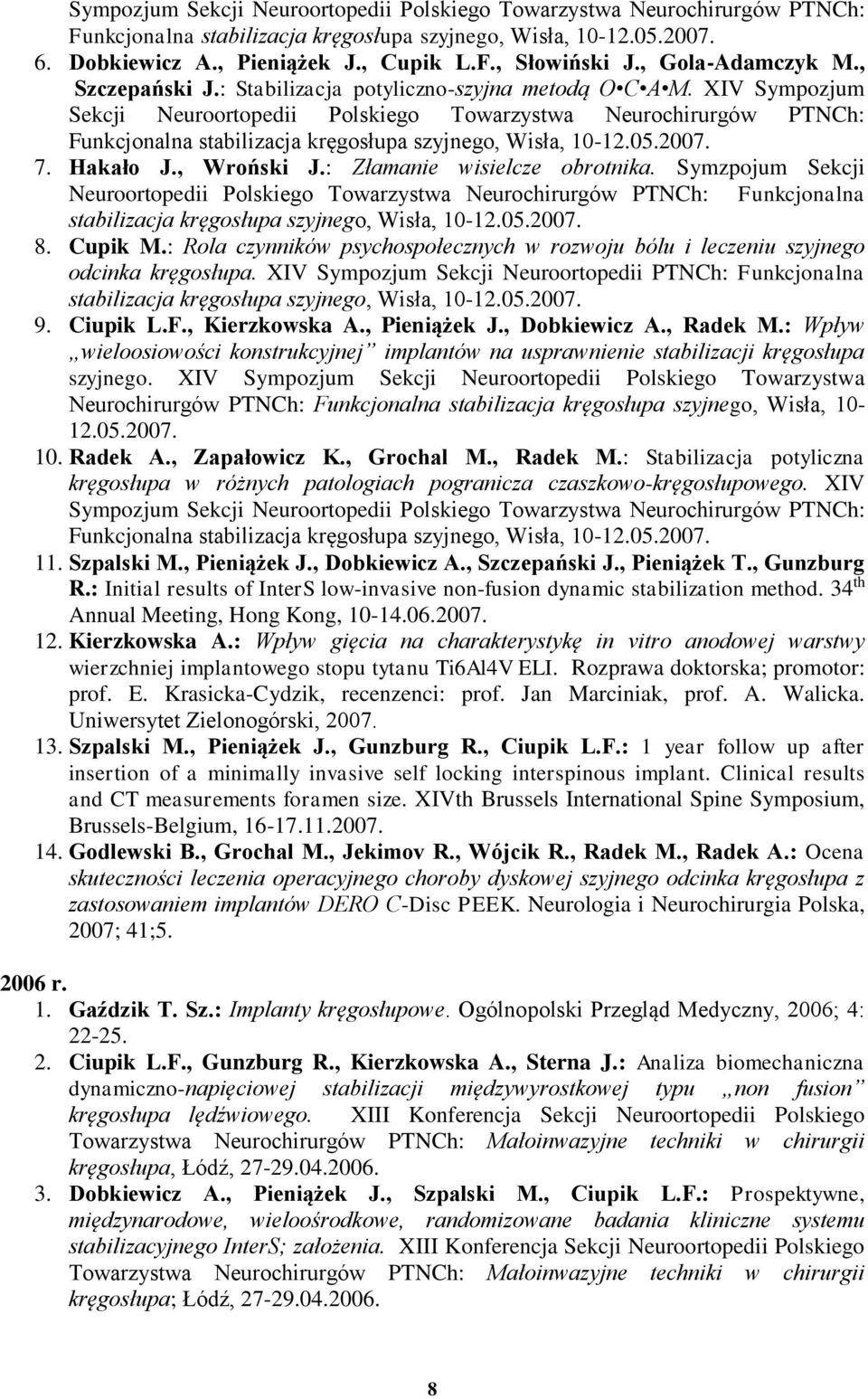 XIV Sympozjum Sekcji Neuroortopedii Polskiego Towarzystwa Neurochirurgów PTNCh: Funkcjonalna stabilizacja kręgosłupa szyjnego, Wisła, 10-12.05.2007. 7. Hakało J., Wroński J.