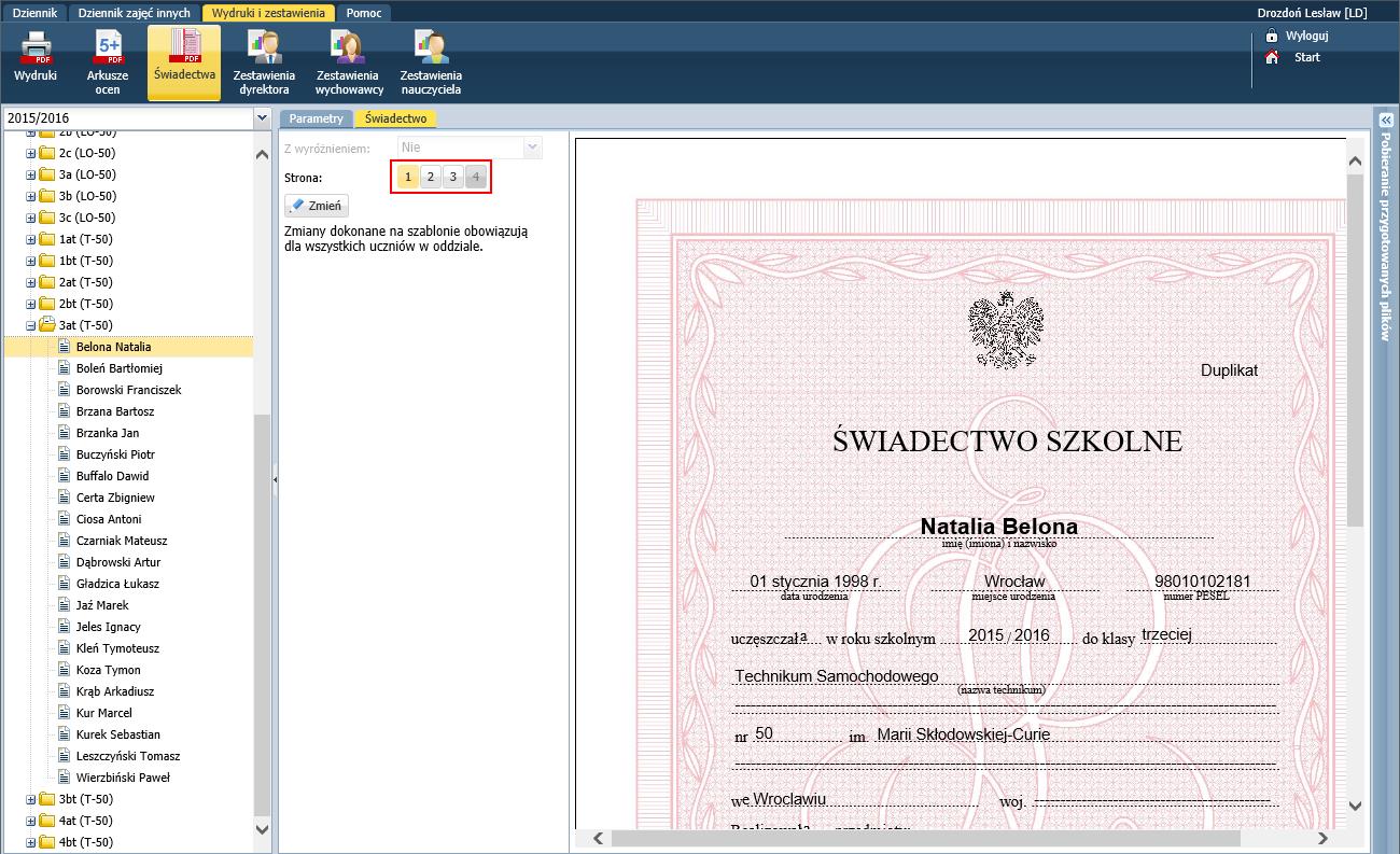 Dla świadectwa ucznia można ustawić indywidualne parametry wydruku.