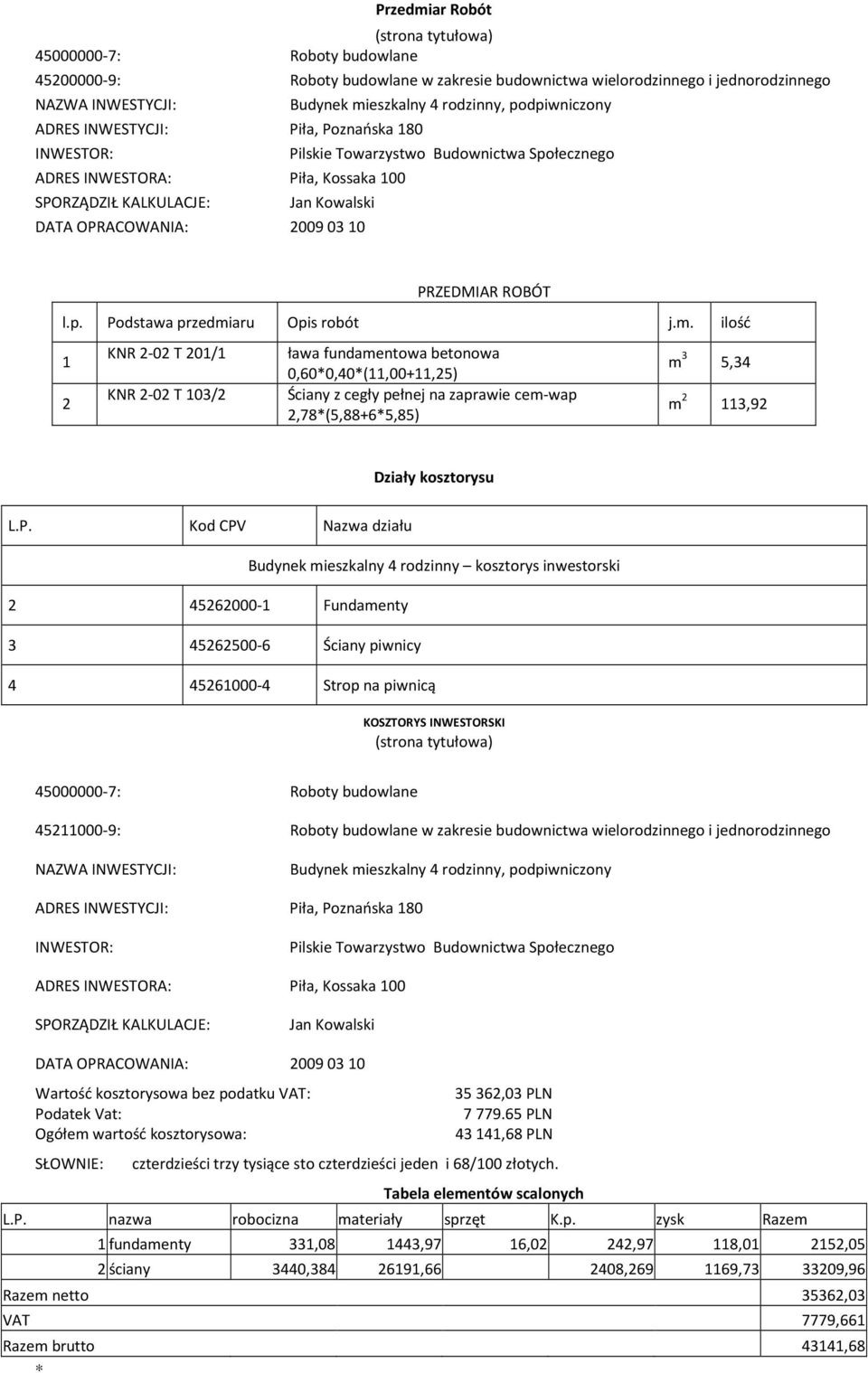 Społecznego PRZEDMIAR ROBÓT l.p. Podstawa przedmi