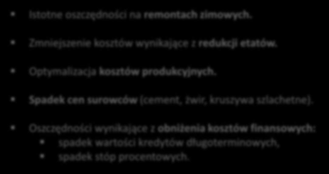 Konsekwentna dyscyplina kosztowa Istotne oszczędności na remontach zimowych. Zmniejszenie kosztów wynikające z redukcji etatów. Optymalizacja kosztów produkcyjnych.