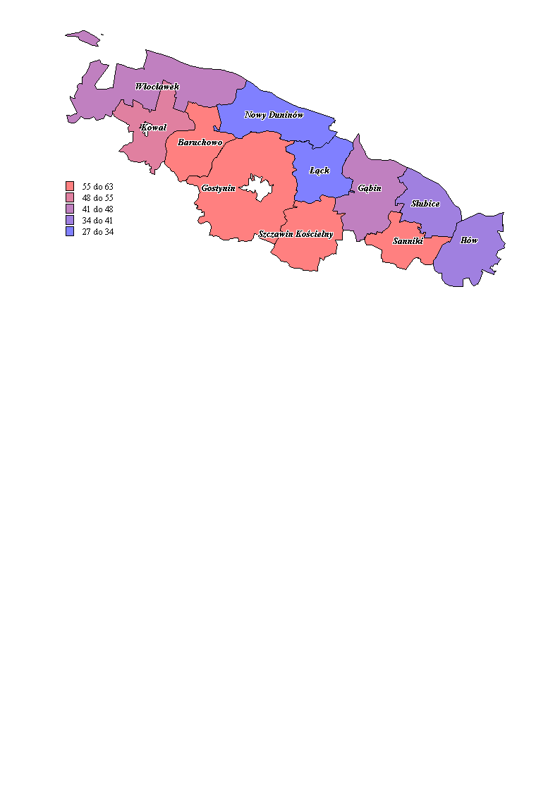 Kowal i Gąbin. W pozostałych gminach obsada inwentarza żywego na 100 ha użytków rolnych jest niższa niż przeciętnie w kraju.