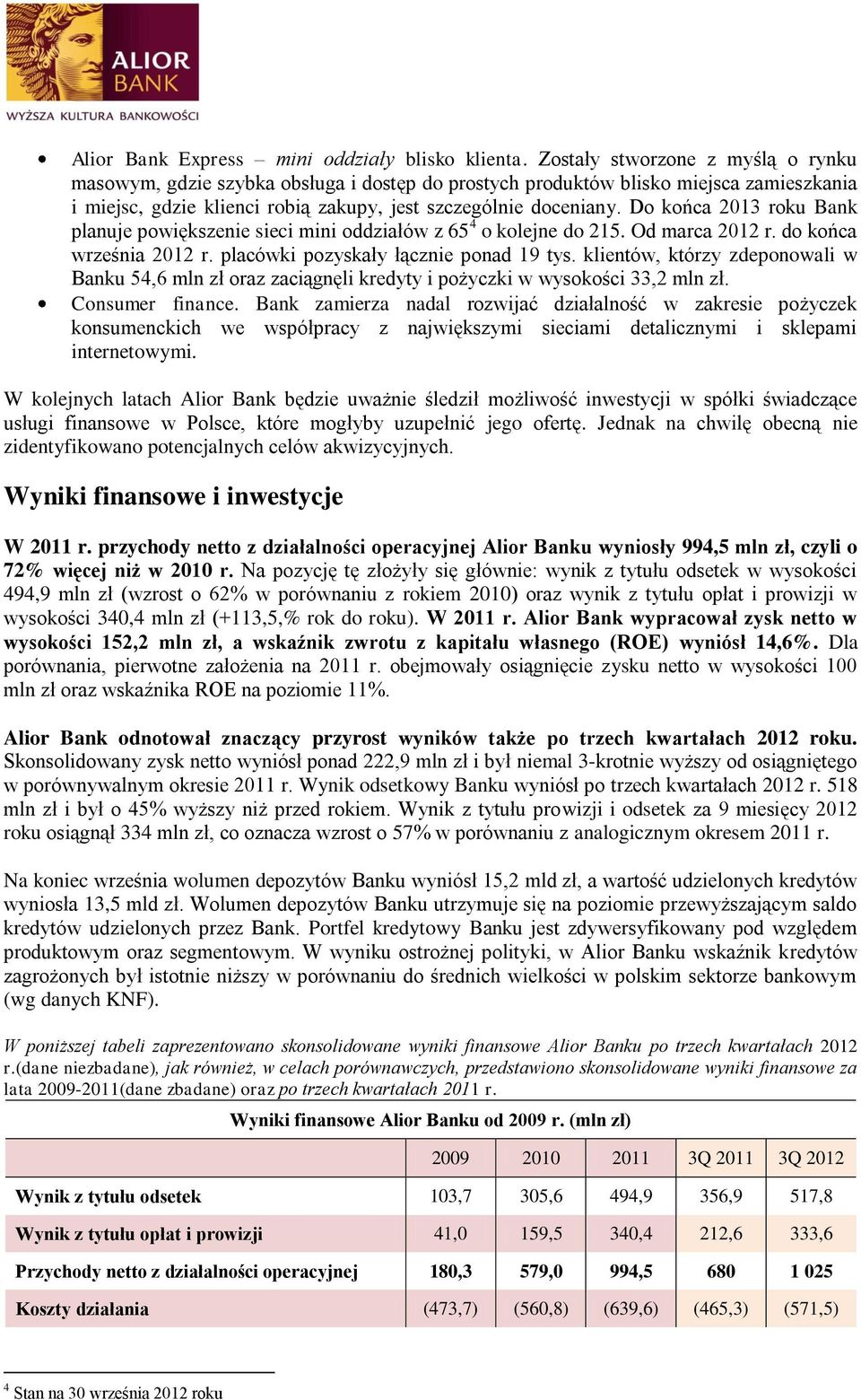 Do końca 2013 roku Bank planuje powiększenie sieci mini oddziałów z 65 4 o kolejne do 215. Od marca 2012 r. do końca września 2012 r. placówki pozyskały łącznie ponad 19 tys.