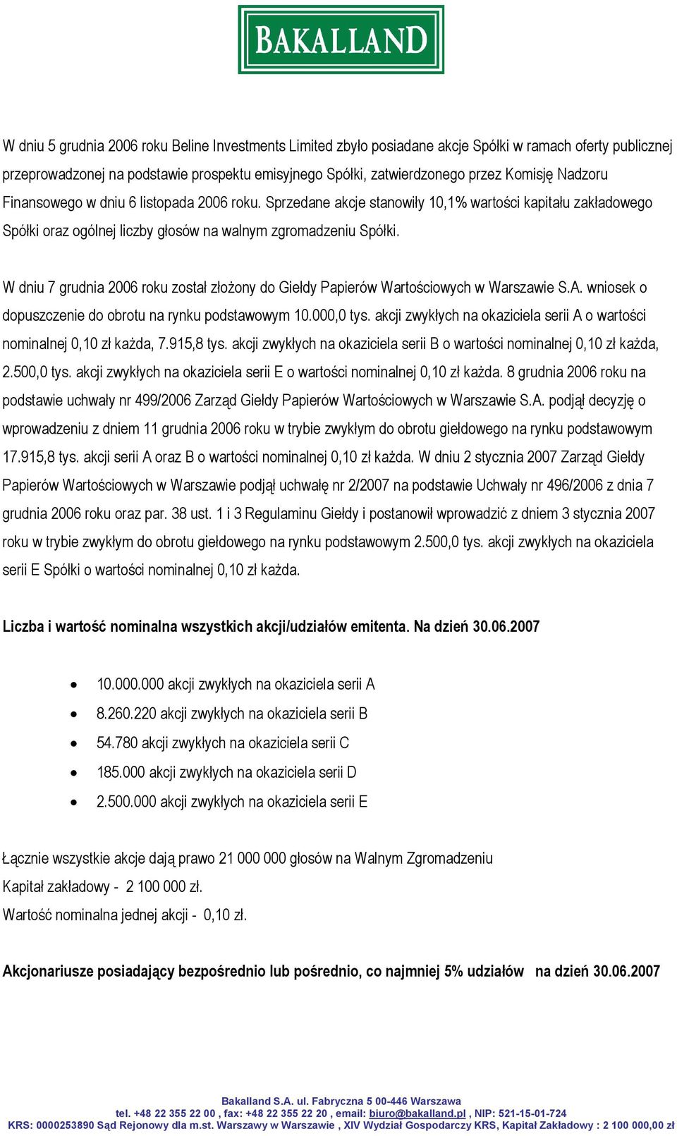 W dniu 7 grudnia 2006 roku został złożony do Giełdy Papierów Wartościowych w Warszawie S.A. wniosek o dopuszczenie do obrotu na rynku podstawowym 10.000,0 tys.