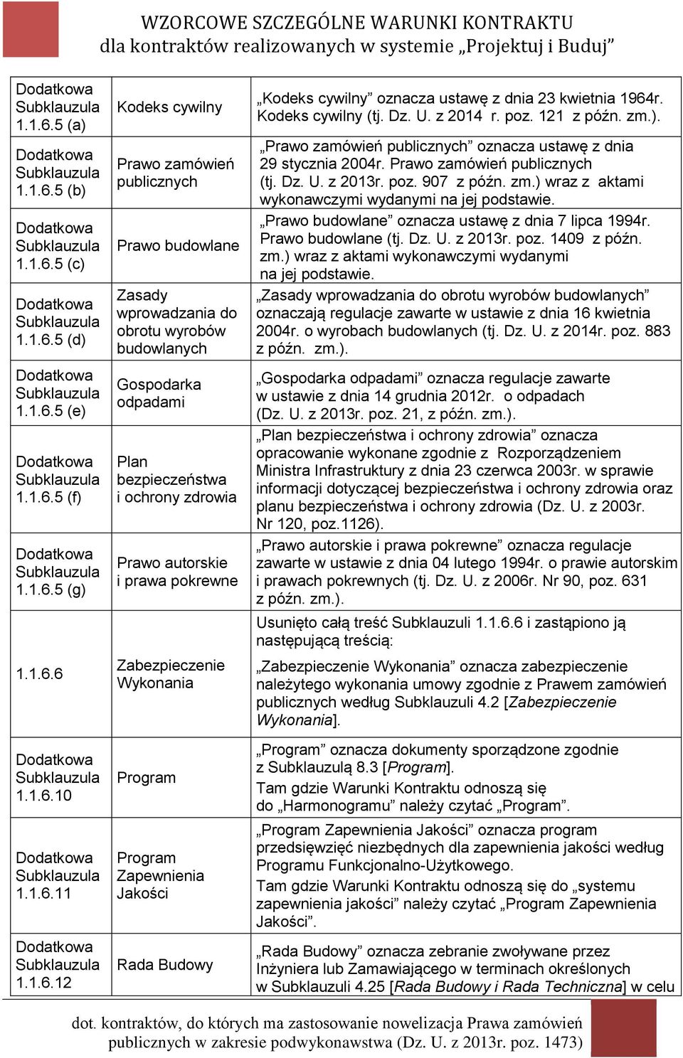 wyrobów budowlanych Gospodarka odpadami Plan bezpieczeństwa i ochrony zdrowia Prawo autorskie i prawa pokrewne Zabezpieczenie Wykonania Program Program Zapewnienia Jakości Rada Budowy Kodeks cywilny