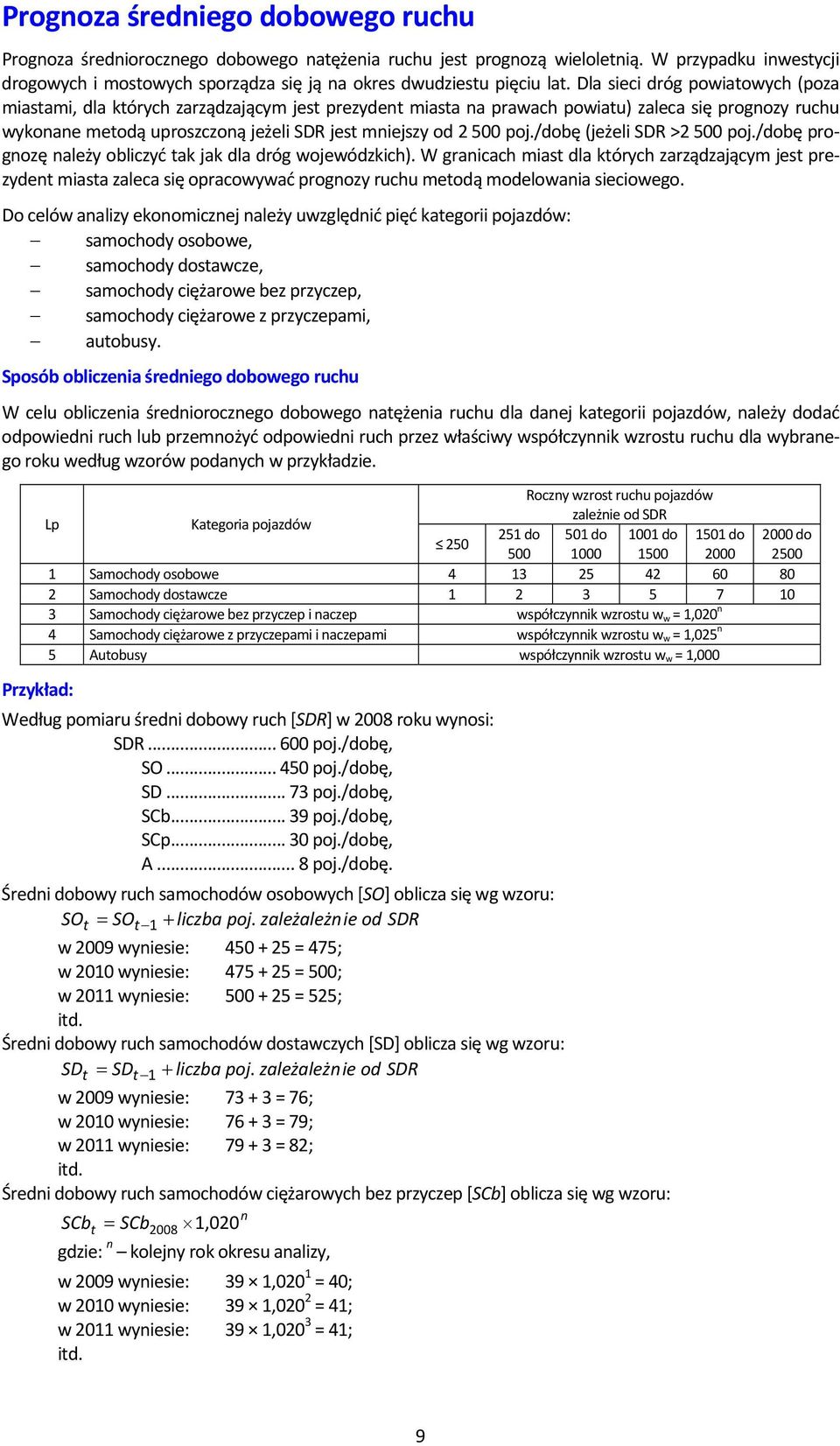 Dla sieci dróg powiatowych (poza miastami, dla których zarządzającym jest prezydent miasta na prawach powiatu) zaleca się prognozy ruchu wykonane metodą uproszczoną jeżeli SDR jest mniejszy od 2 500