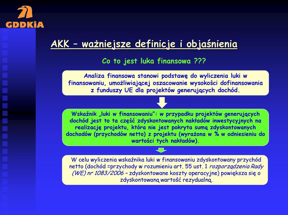 Wskaźnik luki w finansowaniu : w przypadku projektów generujących dochód jest to ta część zdyskontowanych nakładów inwestycyjnych na realizację projektu, która nie jest pokryta sumą