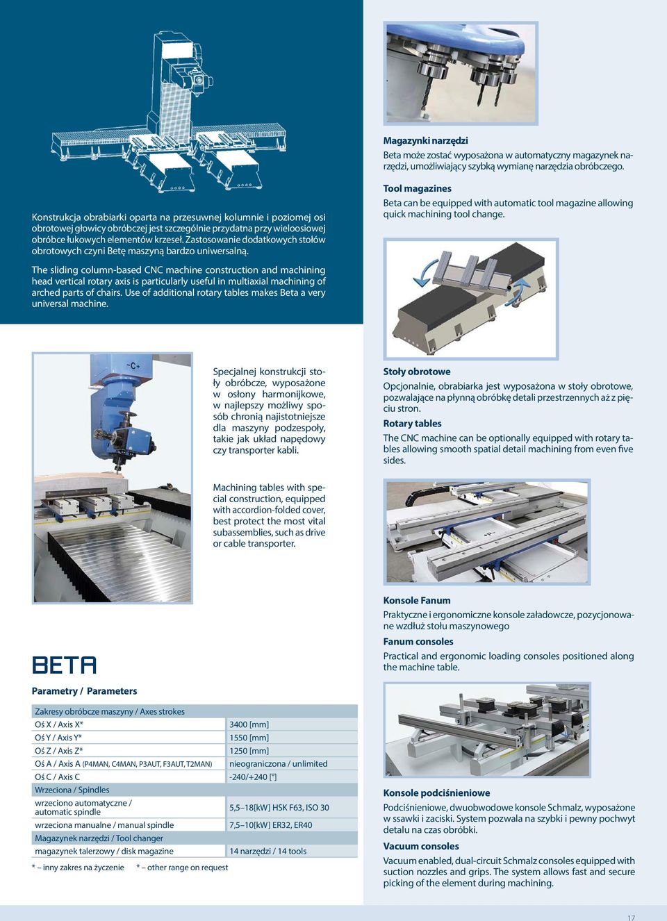 Zastosowanie dodatkowych stołów obrotowych czyni Betę maszyną bardzo uniwersalną. Tool magazines Beta can be equipped with automatic tool magazine allowing quick machining tool change.