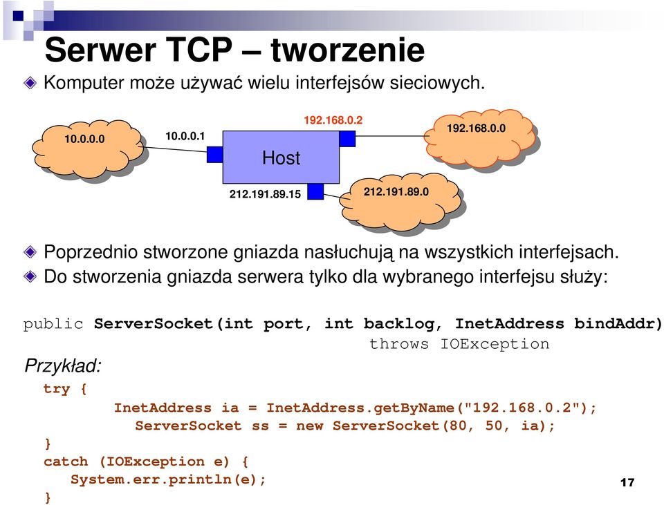 Do stworzenia gniazda serwera tylko dla wybranego interfejsu słuŝy: public ServerSocket(int port, int backlog, InetAddress bindaddr) throws