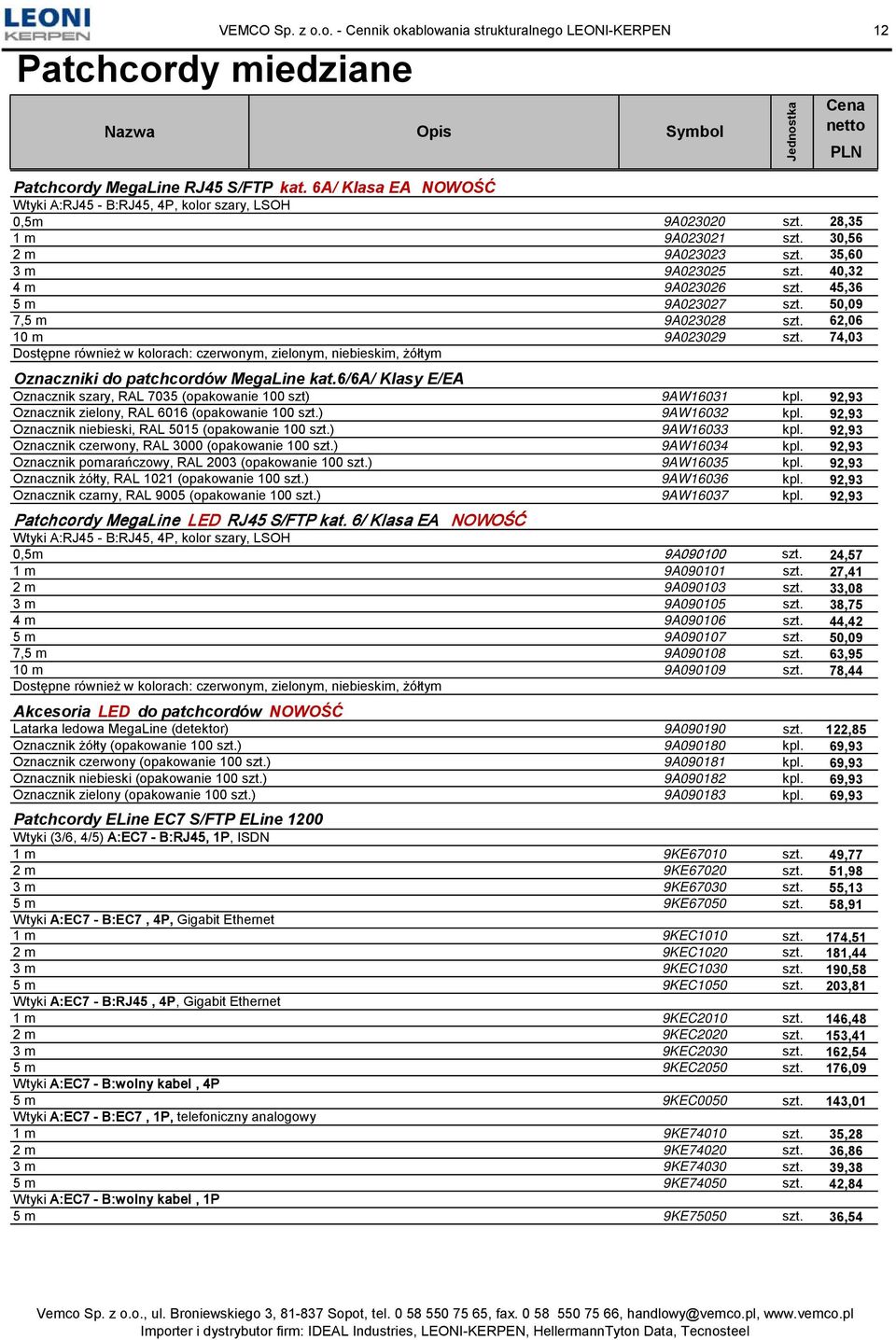 45,36 5 m 9A023027 szt. 50,09 7,5 m 9A023028 szt. 62,06 10 m 9A023029 szt. 74,03 Dostępne również w kolorach: czerwonym, zielonym, niebieskim, żółtym Oznaczniki do patchcordów MegaLine kat.