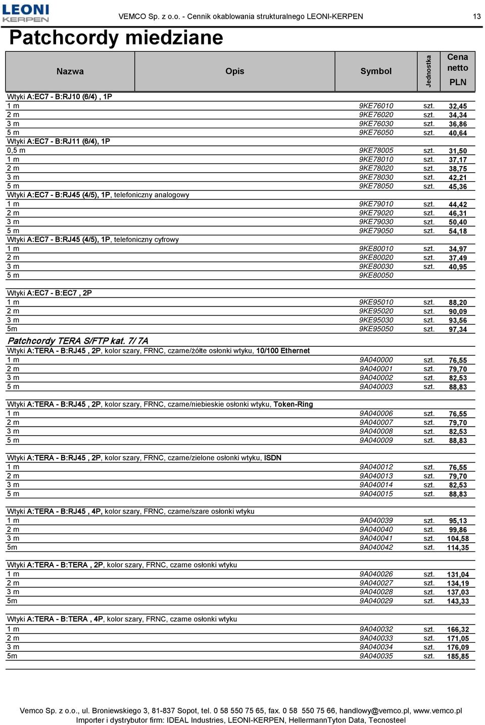 45,36 Wtyki A:EC7 - B:RJ45 (4/5), 1P, telefoniczny analogowy 1 m 9KE79010 szt. 44,42 2 m 9KE79020 szt. 46,31 3 m 9KE79030 szt. 50,40 5 m 9KE79050 szt.