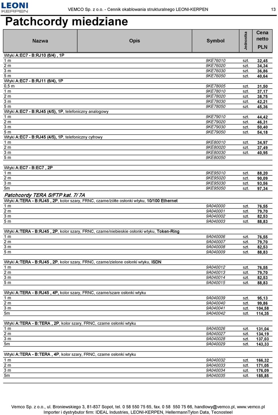 45,36 Wtyki A:EC7 - B:RJ45 (4/5), 1P, telefoniczny analogowy 1 m 9KE79010 szt. 44,42 2 m 9KE79020 szt. 46,31 3 m 9KE79030 szt. 50,40 5 m 9KE79050 szt.