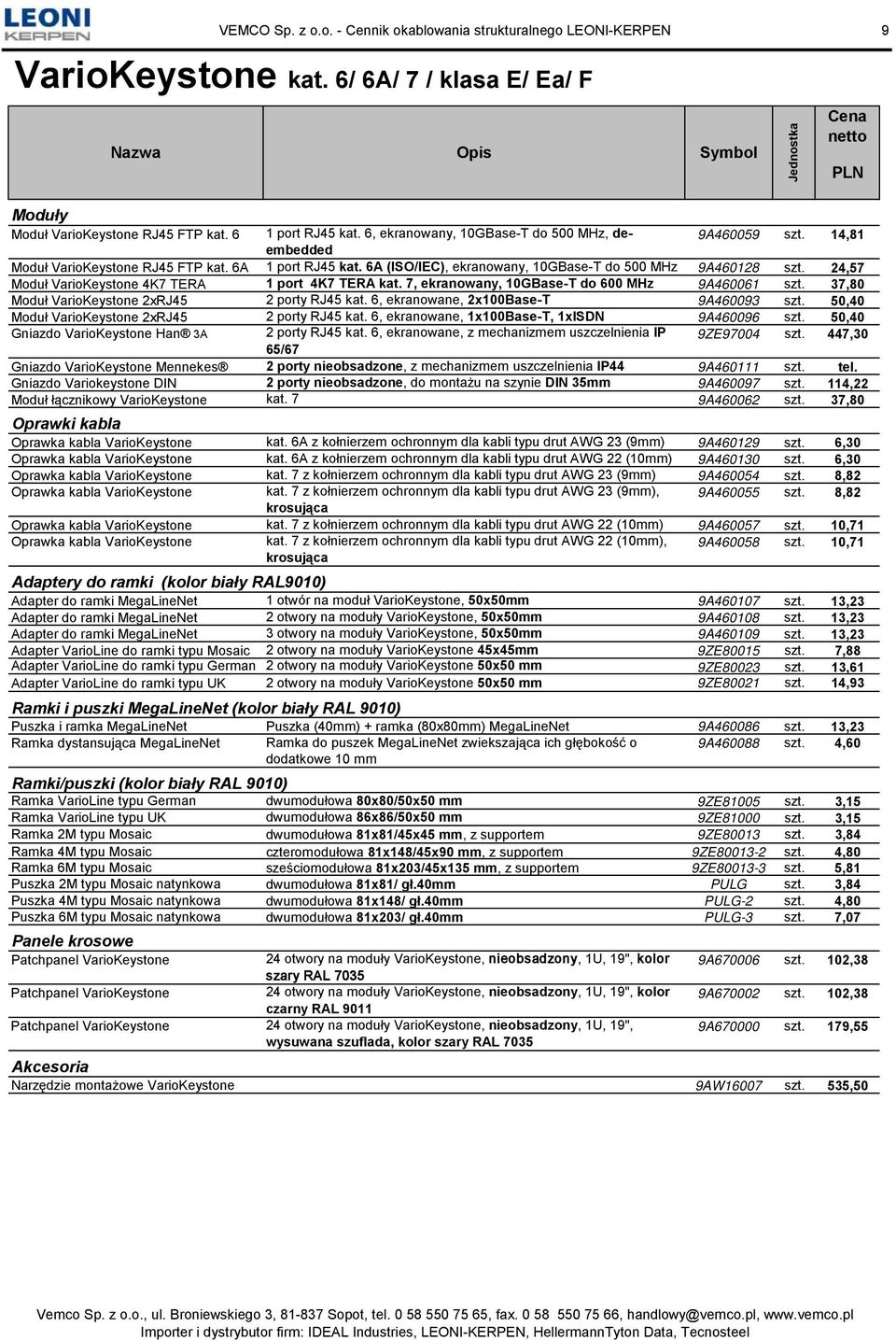 24,57 Moduł VarioKeystone 4K7 TERA 1 port 4K7 TERA kat. 7, ekranowany, 10GBase-T do 600 MHz 9A460061 szt. 37,80 Moduł VarioKeystone 2xRJ45 2 porty RJ45 kat. 6, ekranowane, 2x100Base-T 9A460093 szt.