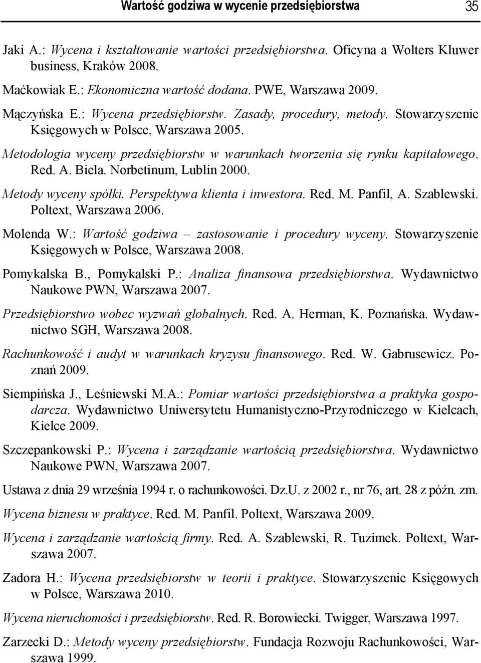 Metodologia wyceny przedsiębiorstw w warunkach tworzenia się rynku kapitałowego. Red. A. Biela. Norbetinum, Lublin 2000. Metody wyceny spółki. Perspektywa klienta i inwestora. Red. M. Panfil, A.