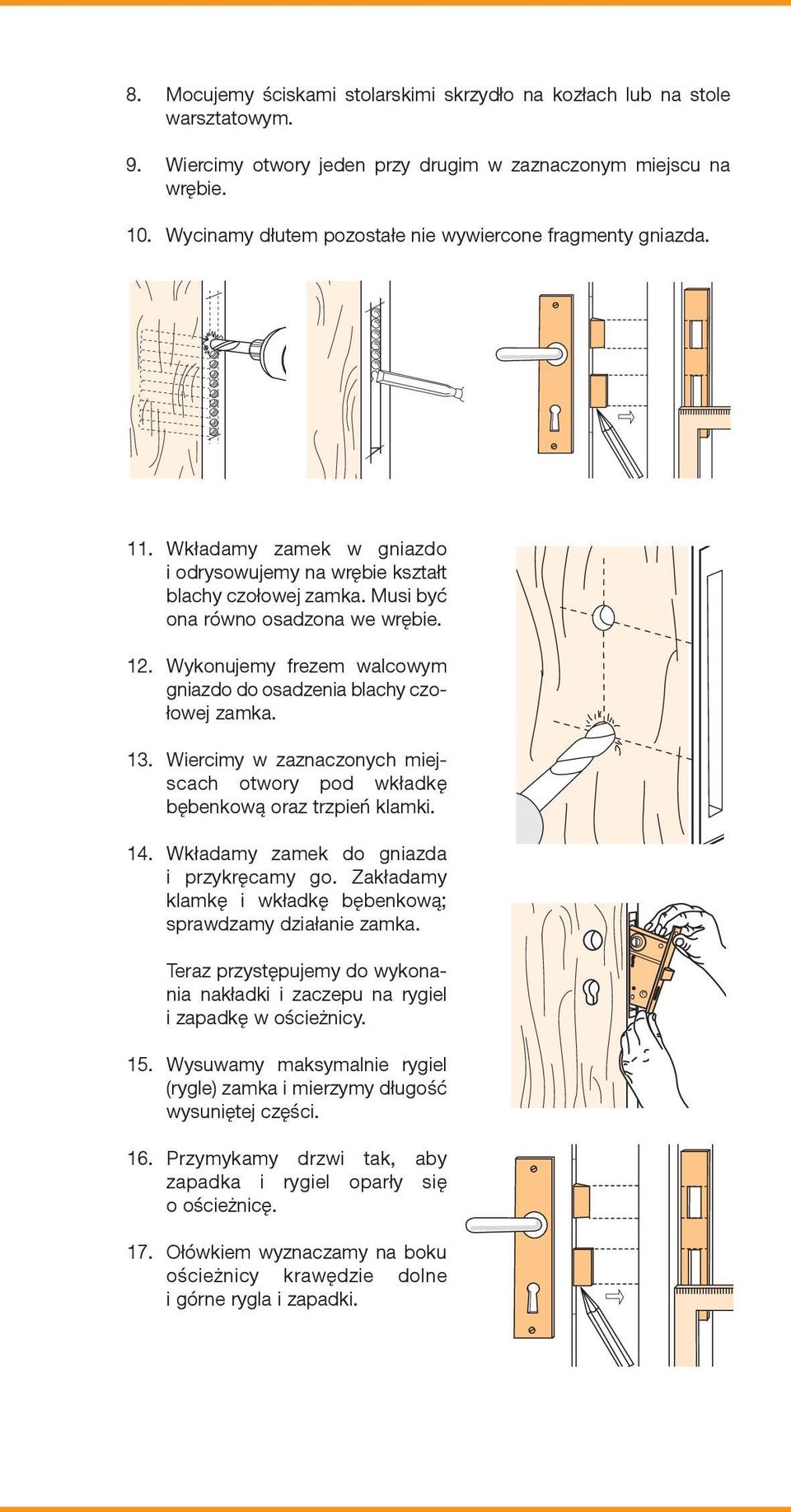 Wykonujemy frezem walcowym gniazdo do osadzenia blachy czołowej zamka. 13. Wiercimy w zaznaczonych miejscach otwory pod wkładkę bębenkową oraz trzpień klamki. 14.