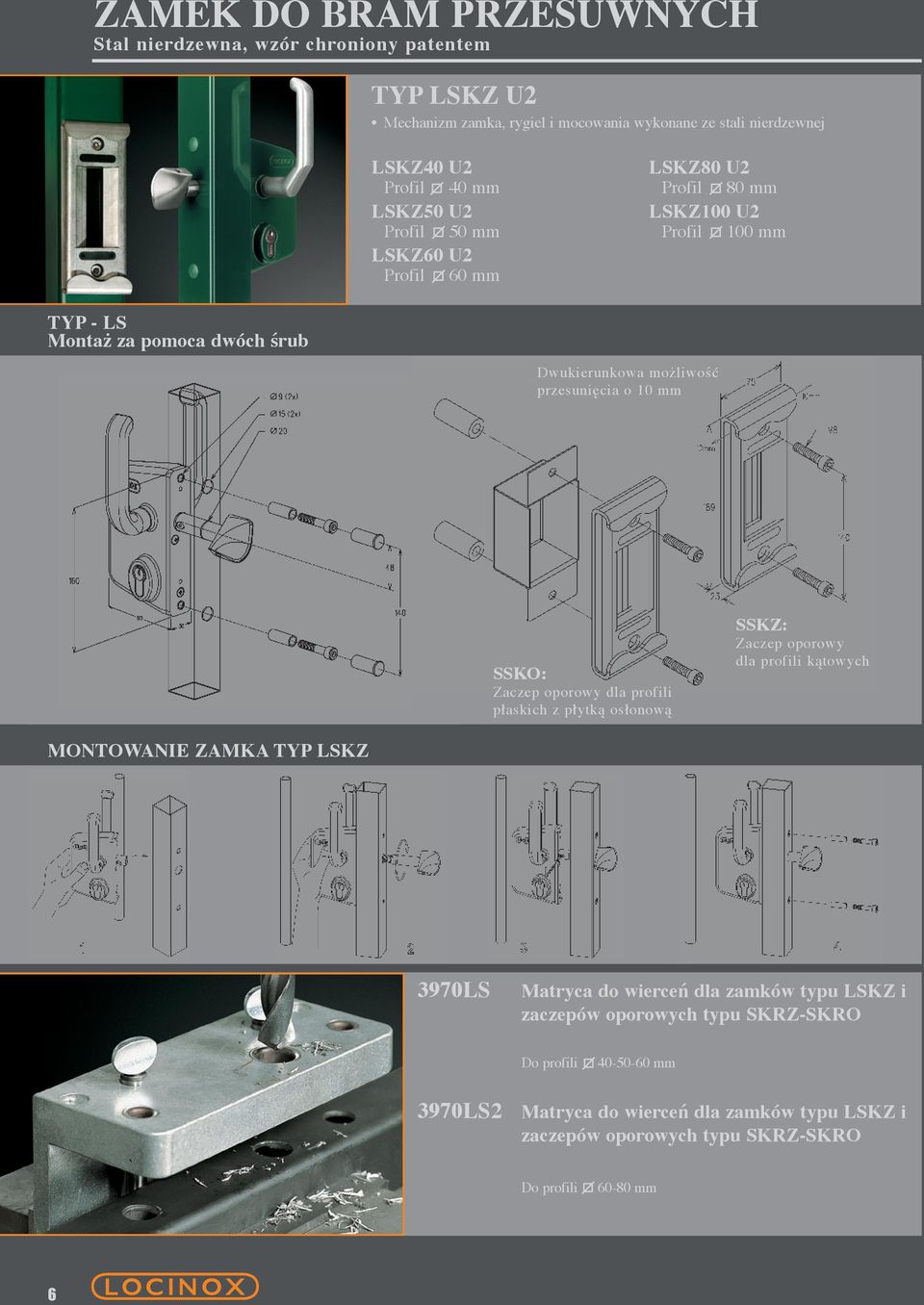 10 mm SSKO: Zaczep oporowy dla profili płaskich z płytką osłonową SSKZ: Zaczep oporowy dla profili kątowych MONTOWANIE ZAMKA TYP LSKZ 3970LS Matryca do wierceń dla zamków