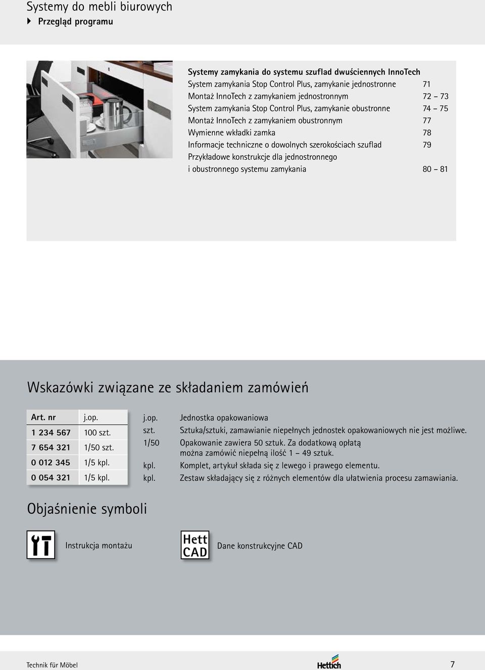 szuflad 79 Przykładowe konstrukcje dla jednostronnego i obustronnego systemu zamykania 80 81 Wskazówki związane ze składaniem zamówień Art. nr j.op. 1 24 567 100 szt. 7 654 21 1/50 szt.