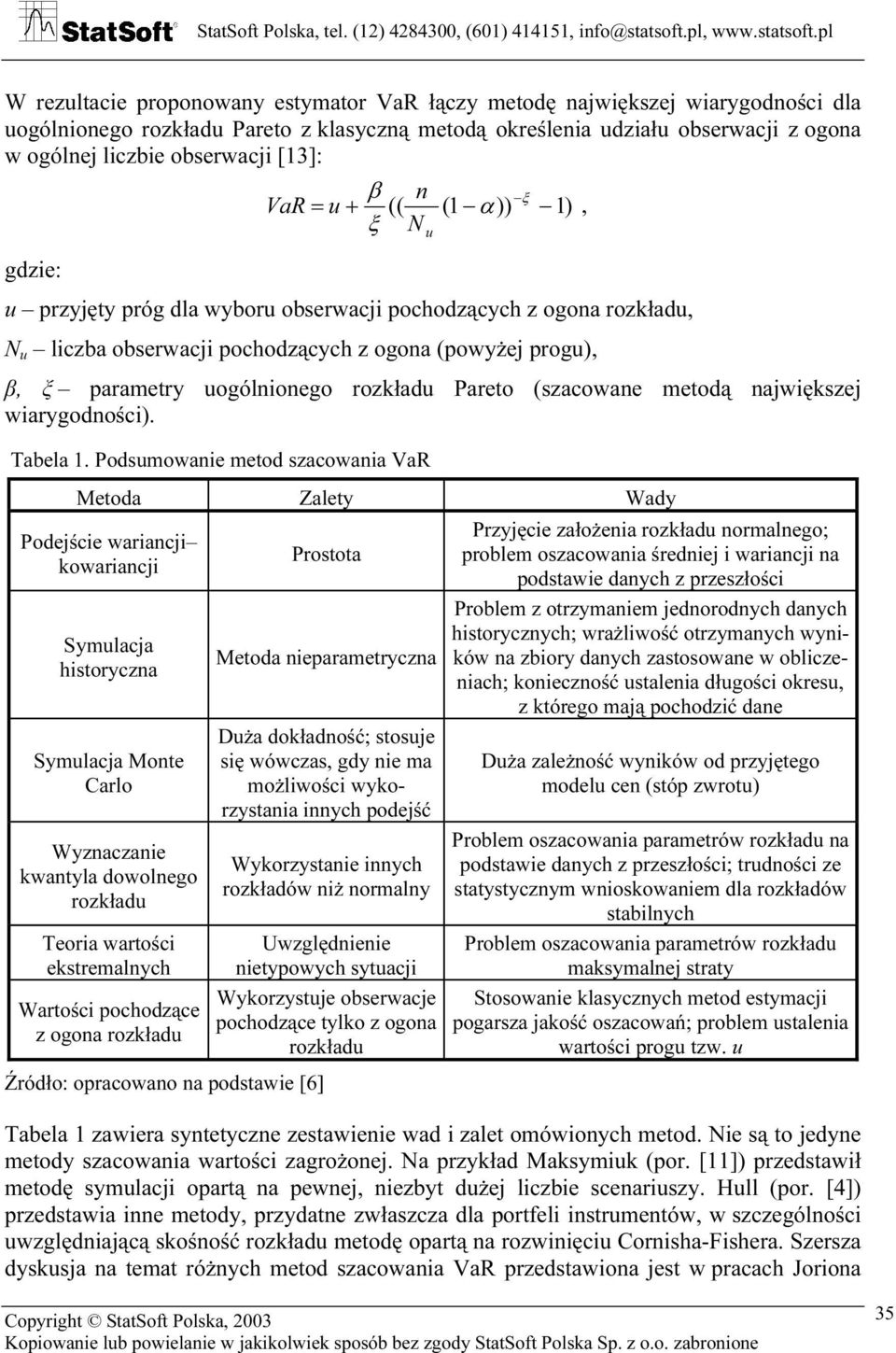 rozkładu Pareo (szacowane meodą największej wiarygodności). Tabela 1.