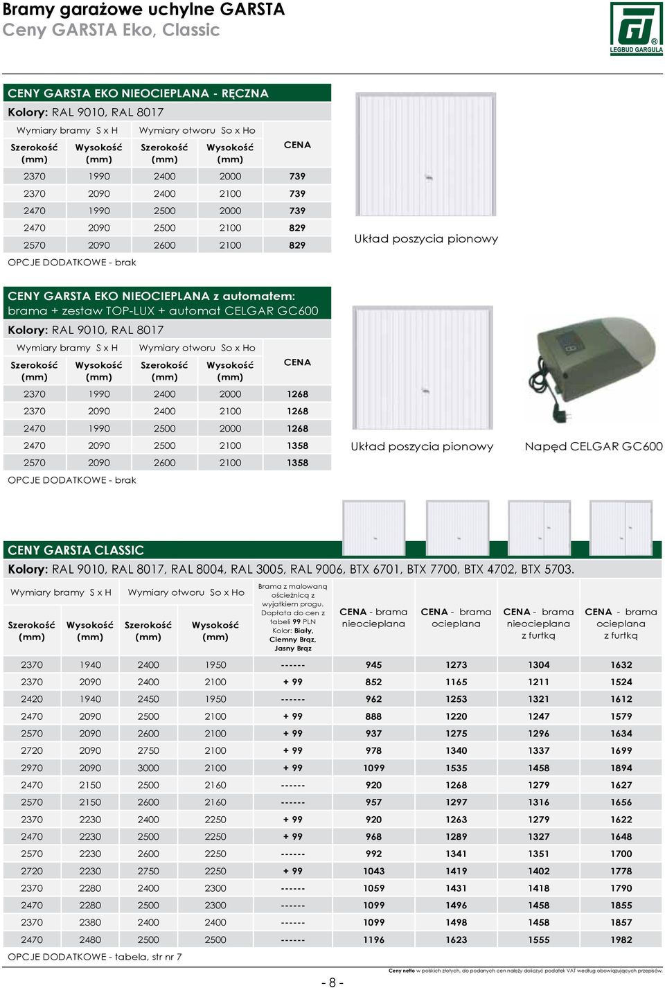 zestaw TOP-LUX + automat CELGAR GC600 RAL 9010, RAL 8017 Wymiary bramy S x H Wymiary otworu So x Ho Szerokość Szerokość CENA 2370 1990 2400 2000 1268 2370 2090 2400 2100 1268 2470 1990 2500 2000 1268