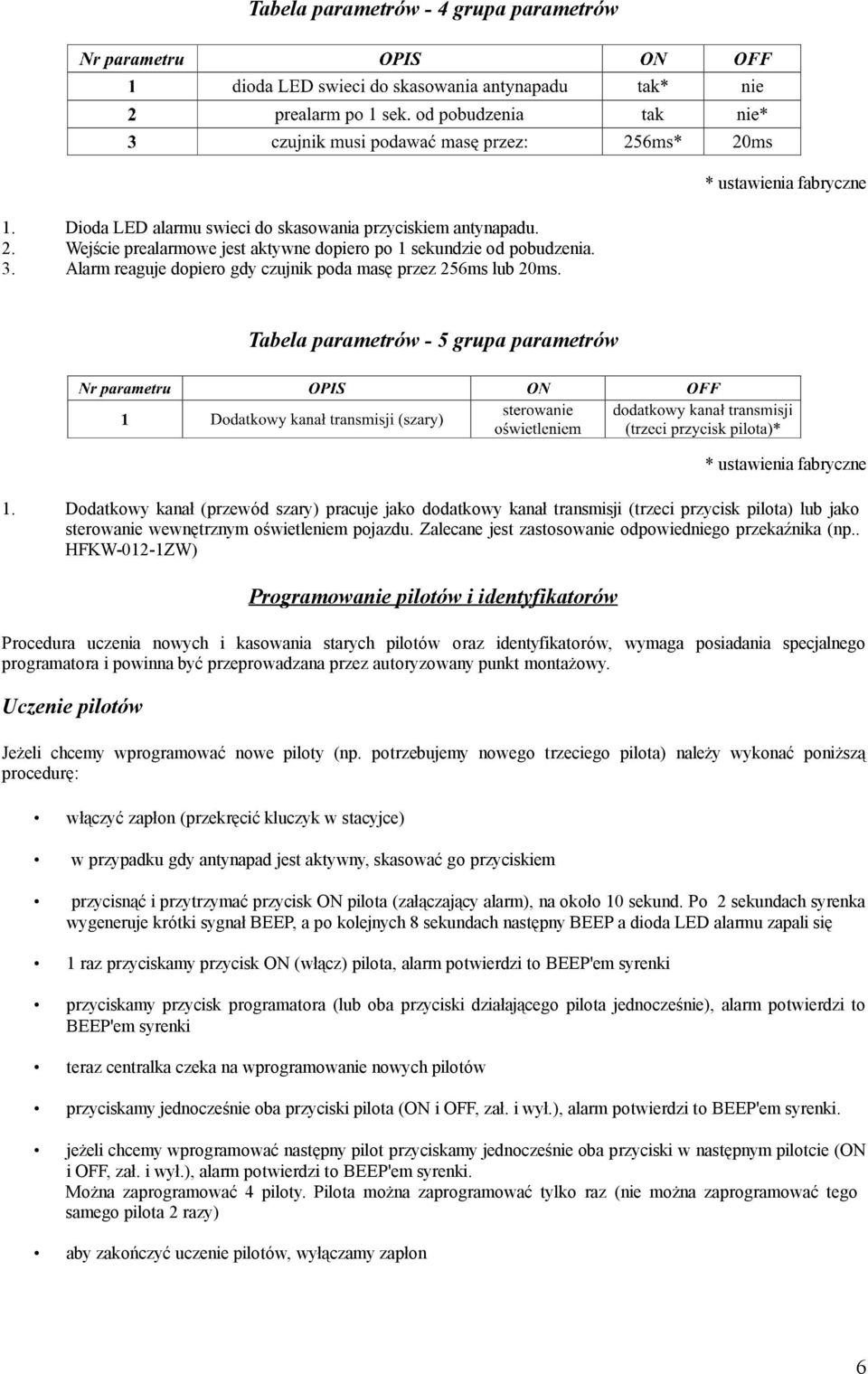 Tabela parametrów - 5 grupa parametrów * ustawienia fabryczne 1.