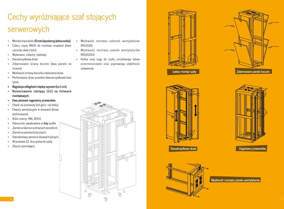 Regulacja odległości między szynami (co 1 cm). Numerowanie odstępy (1U) na listwach montażowych. Dwa pionowe organizery przewodów. Otwór na przewody (od góry i od dołu).