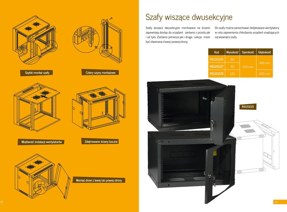 Szybki montaż szafy Cztery szyny montażowe Do szafy można zamontować dedykowane wentylatory w celu zapewnienia chłodzenia urządzeń znajdujących