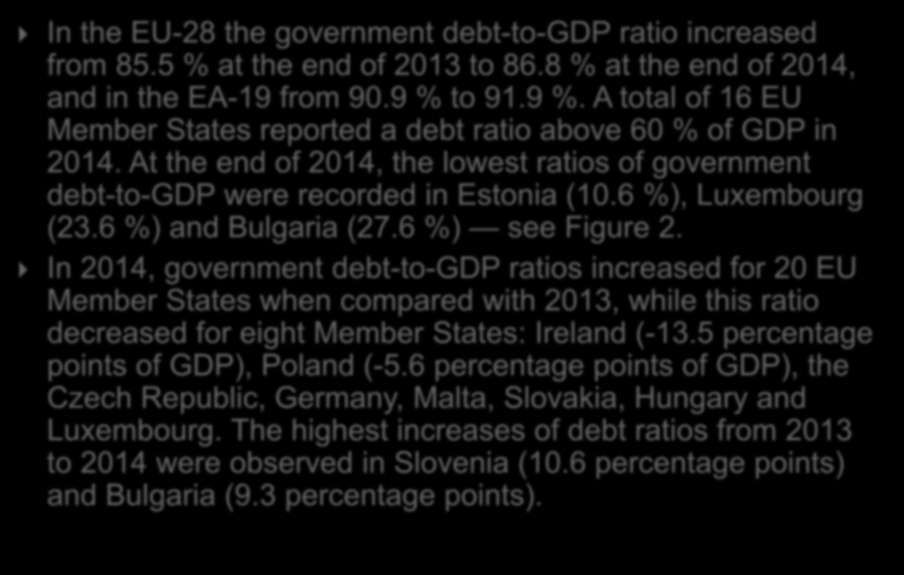 In the EU-28 the government debt-to-gdp ratio increased from 85.5 % at the end of 2013 to 86.8 % at the end of 2014, and in the EA-19 from 90.9 % 