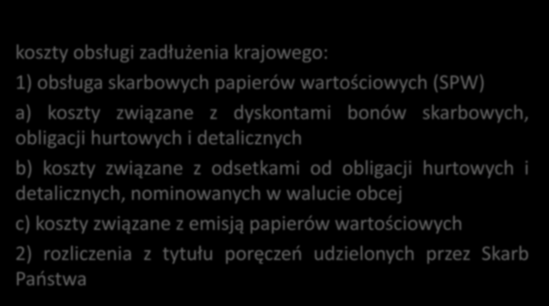 Koszty obsługi zadłużenia krajowego koszty obsługi zadłużenia krajowego: 1) obsługa skarbowych papierów wartościowych (SPW) a) koszty związane z dyskontami bonów skarbowych, obligacji hurtowych i