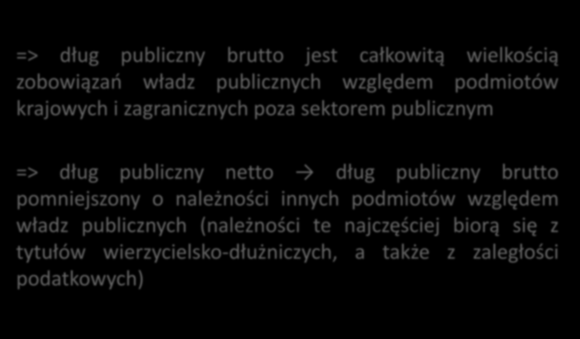 Dług publiczny brutto i netto => dług publiczny brutto jest całkowitą wielkością zobowiązań władz publicznych względem podmiotów krajowych i zagranicznych poza sektorem publicznym => dług publiczny