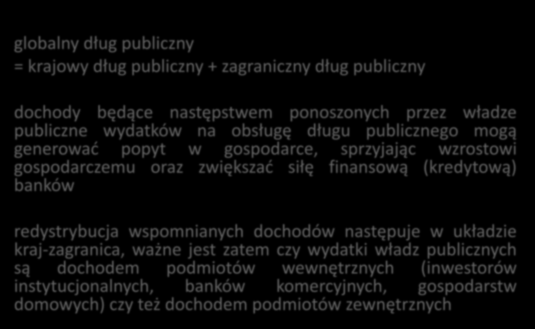 Globalny dług publiczny globalny dług publiczny = krajowy dług publiczny + zagraniczny dług publiczny dochody będące następstwem ponoszonych przez władze publiczne wydatków na obsługę długu