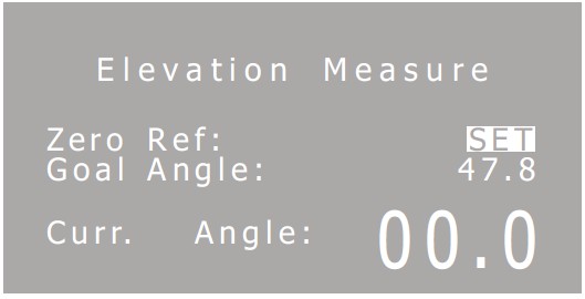 Zero Ref.: Jeśli aktualnie czytany kąt nie jest zerem gdy umiejscowisz jednostkę poziomo, na opcji SET kliknij OK aby zresetować kąt. Goal Angle: Wprowadź jaki tylko chcesz kąt elewacji anteny.