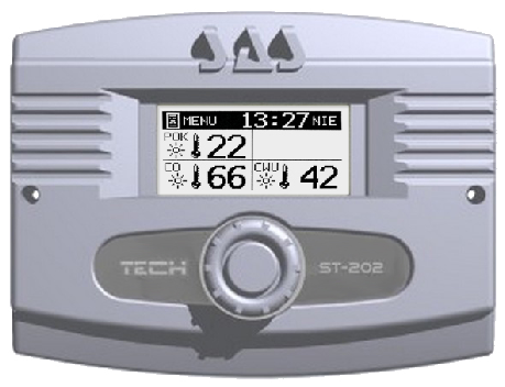 tech I. Zastosowanie Regulator pokojowy typu ST-202 przeznaczony jest do sterowania i kontroli temperatury centralnego ogrzewania, ciepłej wody użytkowej i temperatury pokojowej.