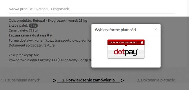 Po naciśnięciu przycisku Płacę na ekranie ukaże się informacja Wybierz formę płatności. Należy nacisnąć przycisk ZAPŁAĆ ONLINE PRZEZ dotpay.