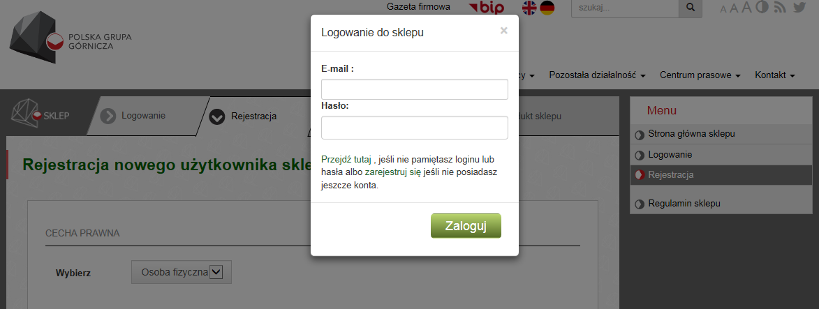 3. Logowanie Aby dokonać zakupu węgla najpierw należy się zalogować do sklepu klikając zakładkę Logowanie.