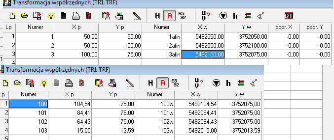 Zad. 3 Dla danych z zad. 1 dokonać transformacji metodą afiniczną ikona A Raport TRANSFORMACJA WSPÓŁRZĘDNYCH (AFINICZNA) Punkty dostosowania Nr p Xp Yp Nr w Xw Yw 1 50.00 50.00 1afin 5492050.